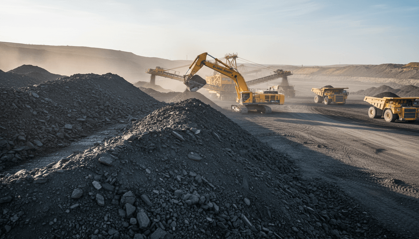 Industrial coal stockpile facility with heavy machinery loading and processing massive coal piles under golden hour lighting