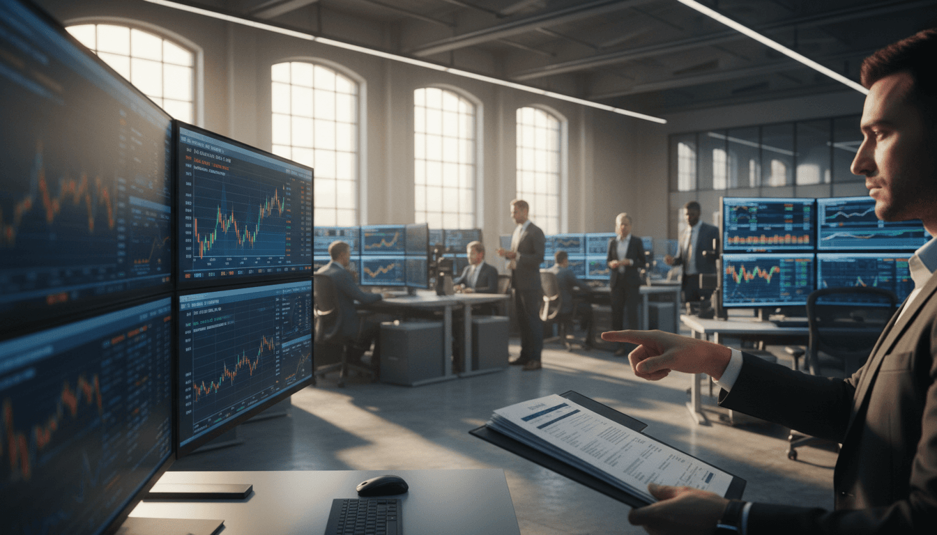 Commodities traders monitoring live market data and executing trades in a professional trading environment