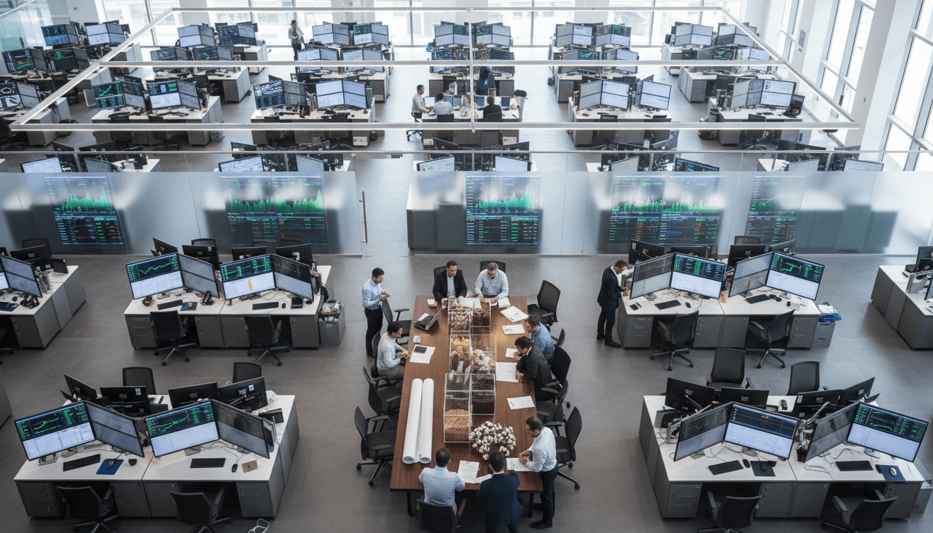 Professional commodities trading team reviewing market data and samples in a modern office setting