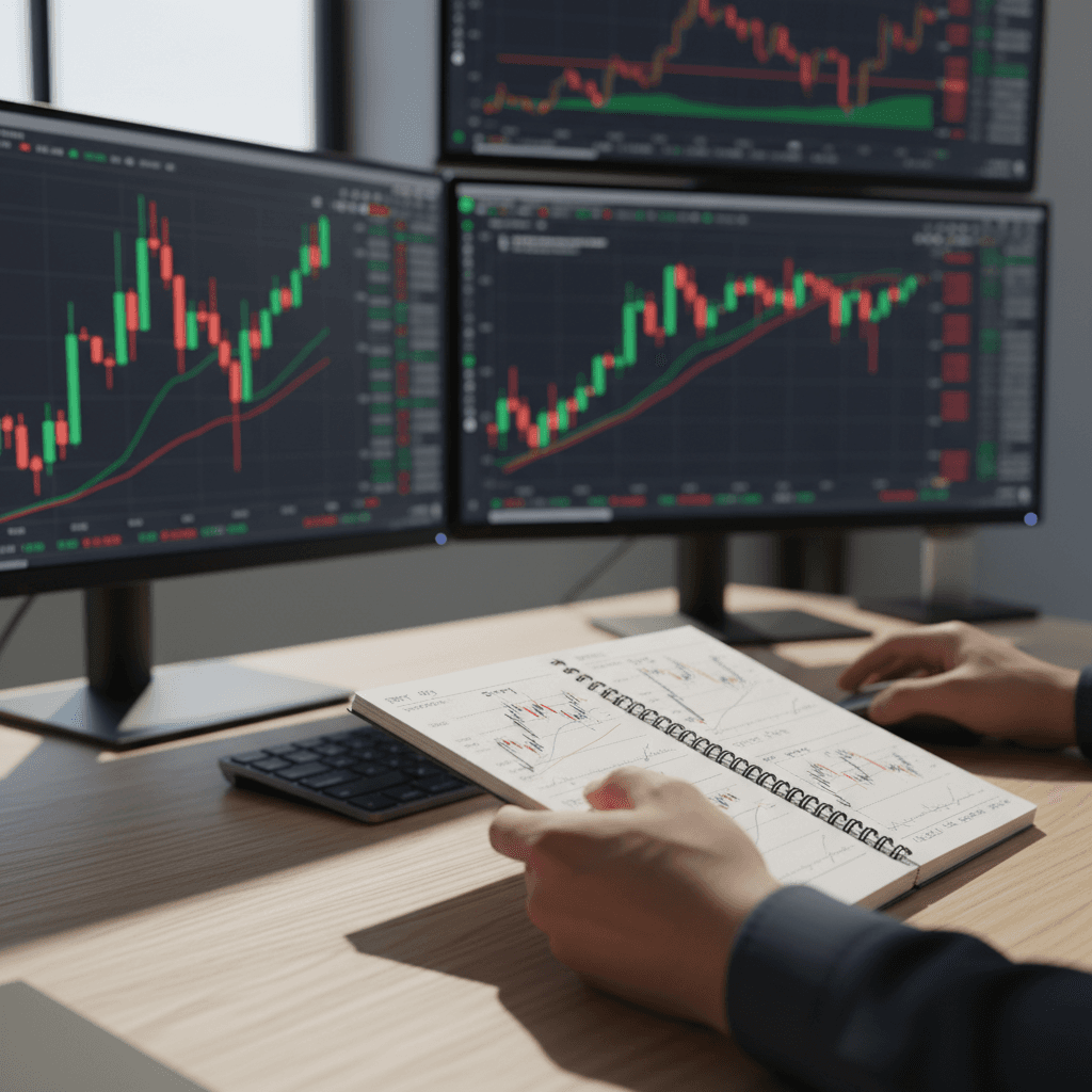 Trader reviewing commodity price data on tablet at desk with dual monitors