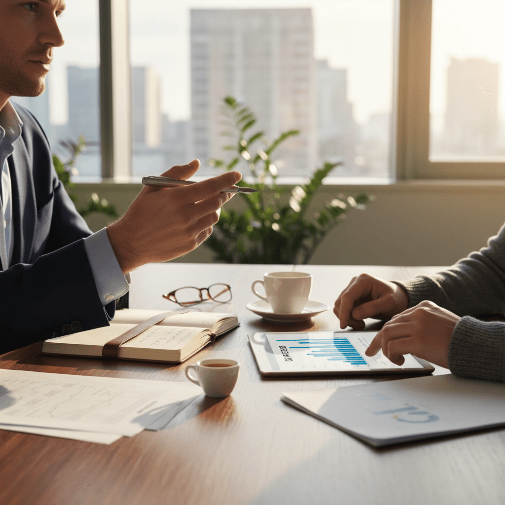 Professional trading partnership discussion with two people reviewing commodities documents at a desk