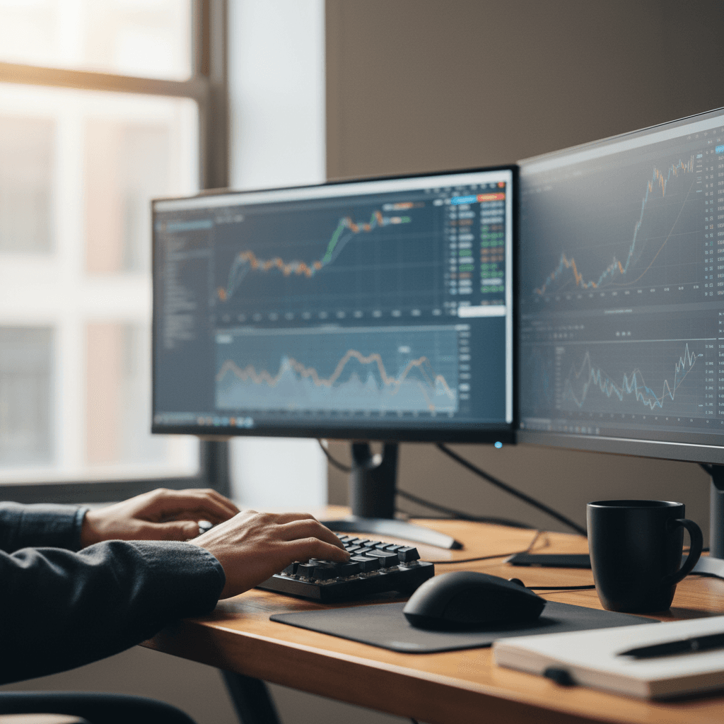 Commodities trader reviewing trade documents at desk